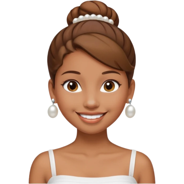 Light brown skin girl, brown hair in bun, smiling, white tube top, pearl earrings emoji