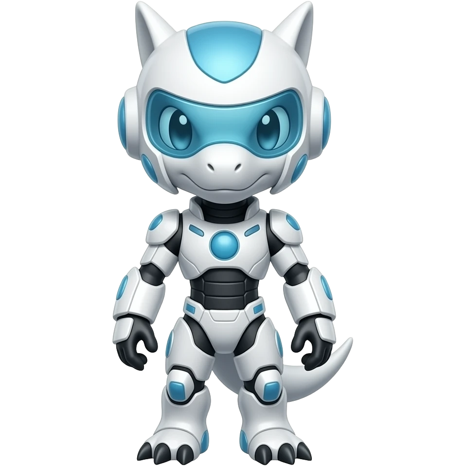 a shiny white Genesect-Flygon-Raptor-Fakémon—hybrid with a futuristic visor-helmet full body emoji