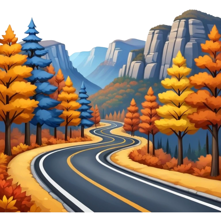 An asphalt road through the blue mountains and autumn colored trees emoji