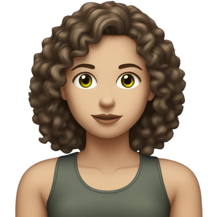 white Girl wearing dark, gray tank top, long dark brown , curly hair, gren eyes light skin emoji