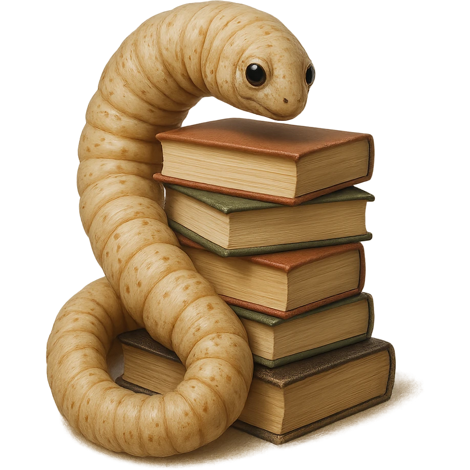 a realistic bookworm curled around a stack of books, natural colors emoji