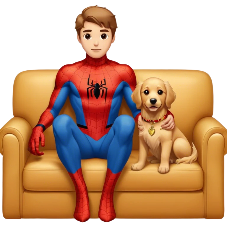 Spider-Man sitting on the couch with his Golden Retriever next to him emoji