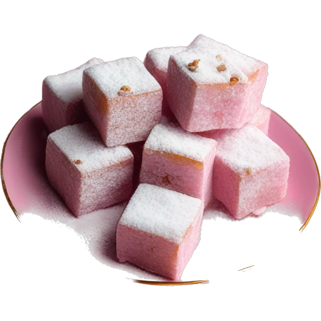 Turkish delight stacked cubes with chopped walnuts and covered with powdered sugar, on a pink porcelain plate emoji