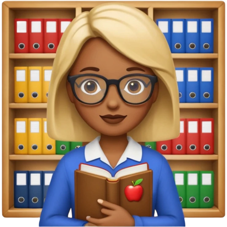 Google search character as a librarian emoji with glasses, kind expression, book and library details, apple emoji style emoji