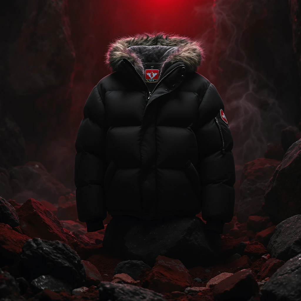 cinematic still of a front black puffer jacket around black stone with red coal temeperature environment, back red light, top light emoji