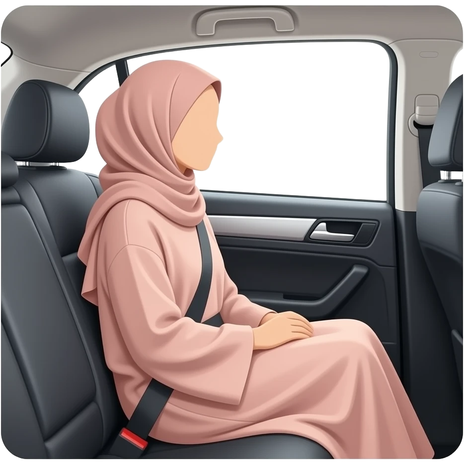 Muslim woman in soft-colored abaya and hijab sitting in a car, seen from the back, looking out the window. Minimalist, cartoon sticker style, faceless. emoji