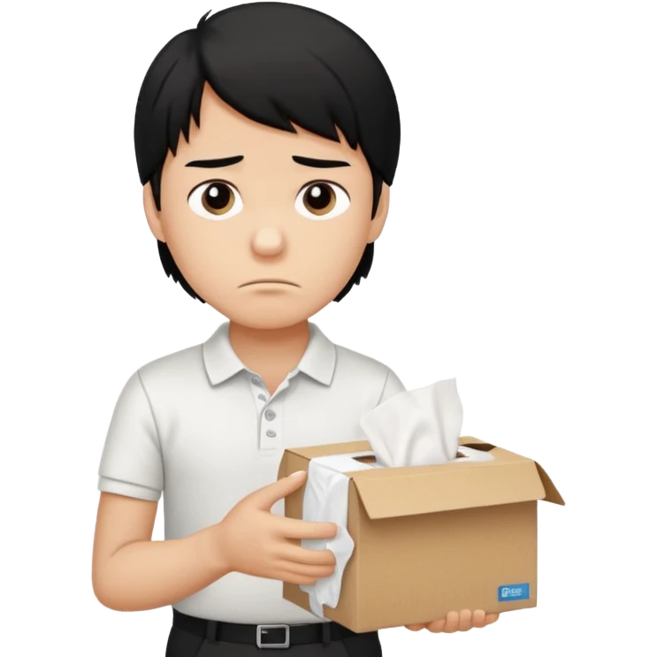 generate a pretty bratz boy with long black hair, wearing a white polo shirt. Looking sad, holding a box of tissues emoji