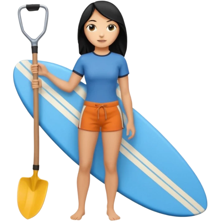 Surfer(woman) black hair holding her cell phone and long garden shovel with another hand. Under her feet, there is one blue surfing board. emoji