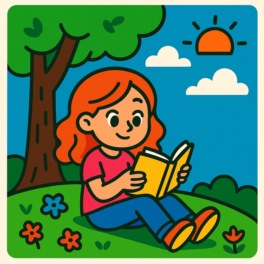 a girl sitting under a tree reading a book, vibrant cartoon style emoji