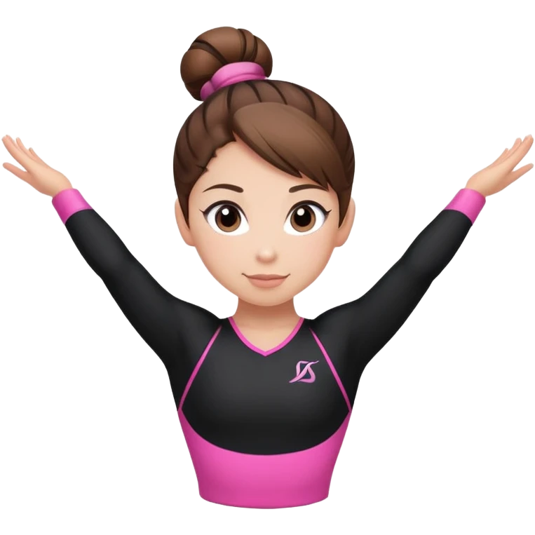 A female gymnast with brown hair in a neat bun, wearing a black uniform with pink elements. emoji