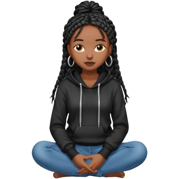 African American dark skin girl with long black box braids wearing plain black hoodie with denim skinny jeans with arms folded across chest emoji