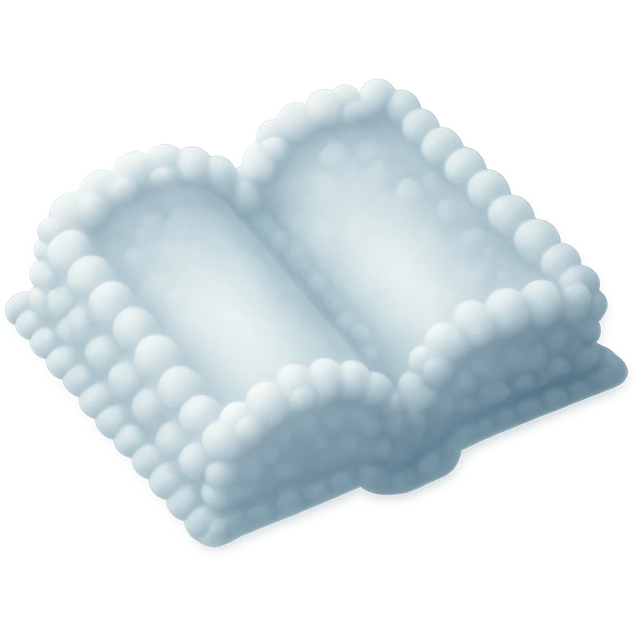 thick open book viewed from above, made entirely of small very bright white fluffy convex clouds, matte glass style emoji