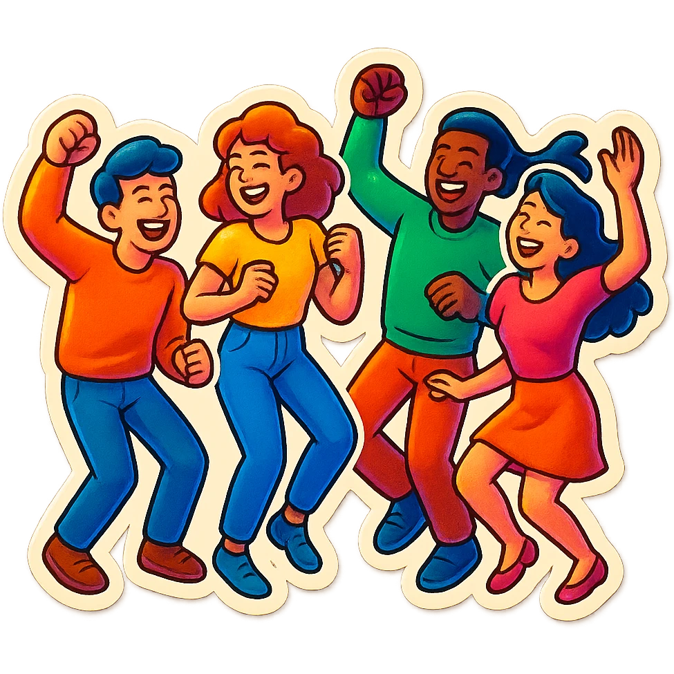 group of friends laughing and dancing, representing Friday fun emoji