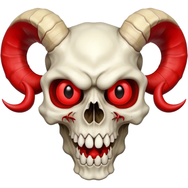 ram-horned skull with red eyes and a wide, exaggerated mouth, cartoonish, bold, expressive, fully inside image borders emoji