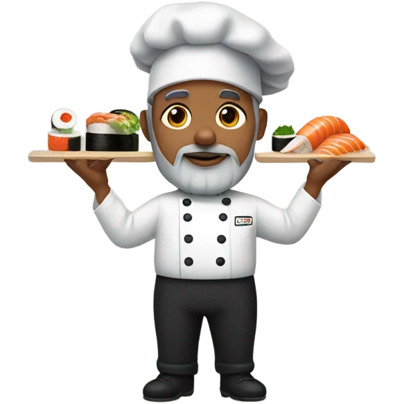 Chef with a gray beard and a black baseball hat rolling sushi emoji