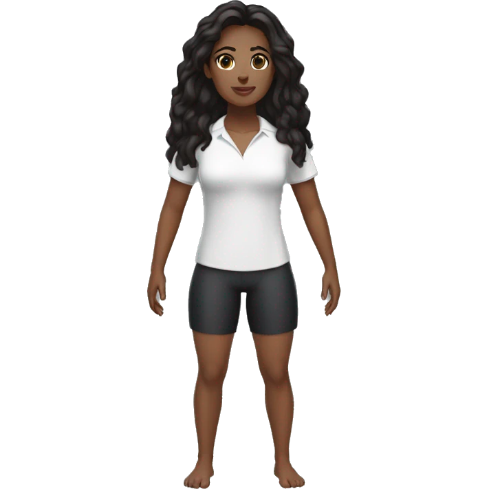 woman, swimming teacher, dark skin, black hair, short stature, brown eyes, wearing a white shirt and black shorts, normal physical build, lower lip slightly larger than the upper. emoji