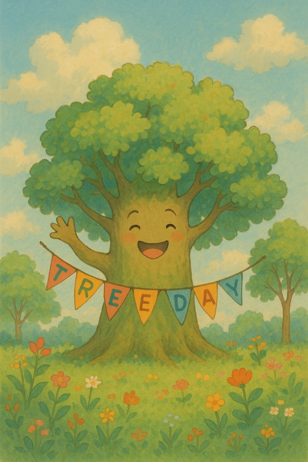árbol celebrando el Día del Árbol, colores suaves, ambiente alegre emoji