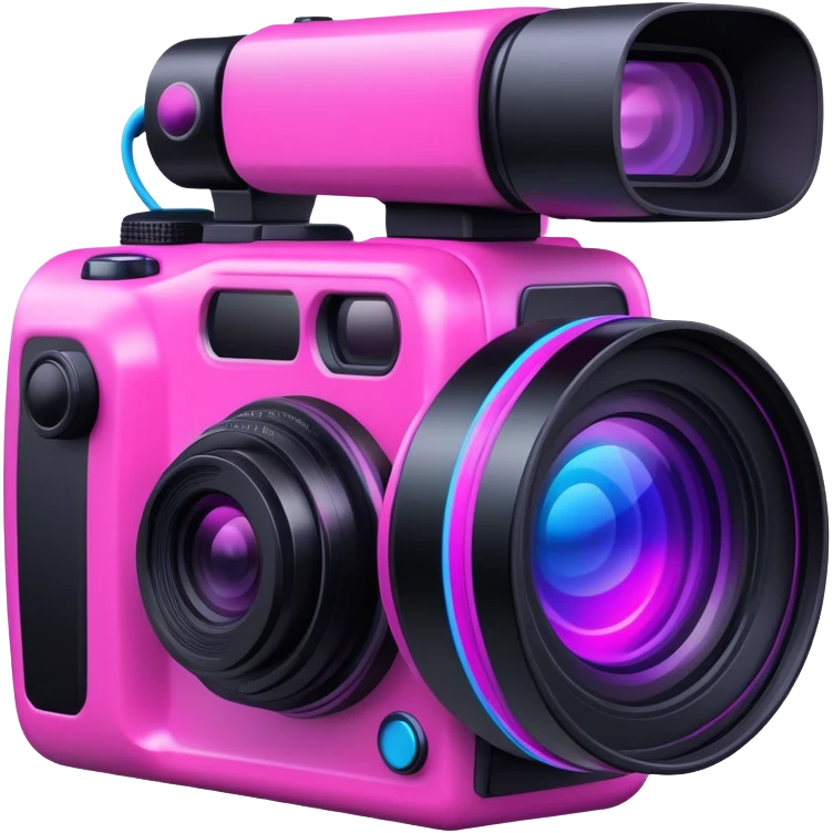videographer's camera in pink color, with neon glow lines, blue neon glow on top left, purple neon glow on bottom right emoji