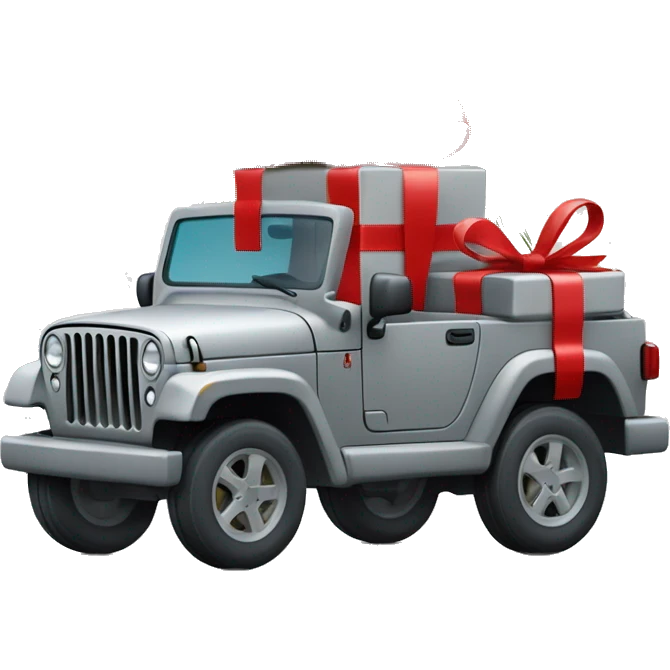 un emoji avec un sapin de noel et au pied un cadeau avec une jeep gris emoji