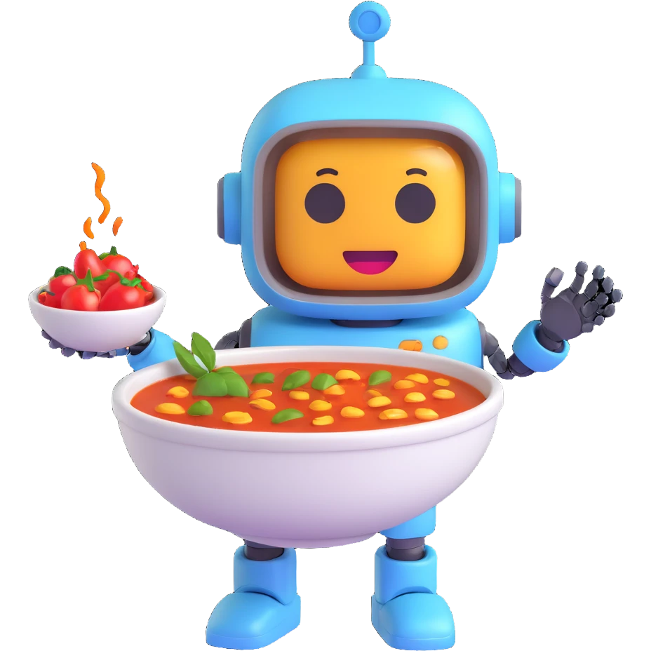 AI emoji, robot holding a bowl of malatang, spicy broth with glowing ingredients, cute and modern emoji