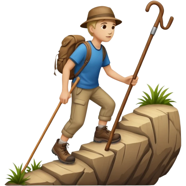 Walking up a hill with a wooden cane emoji