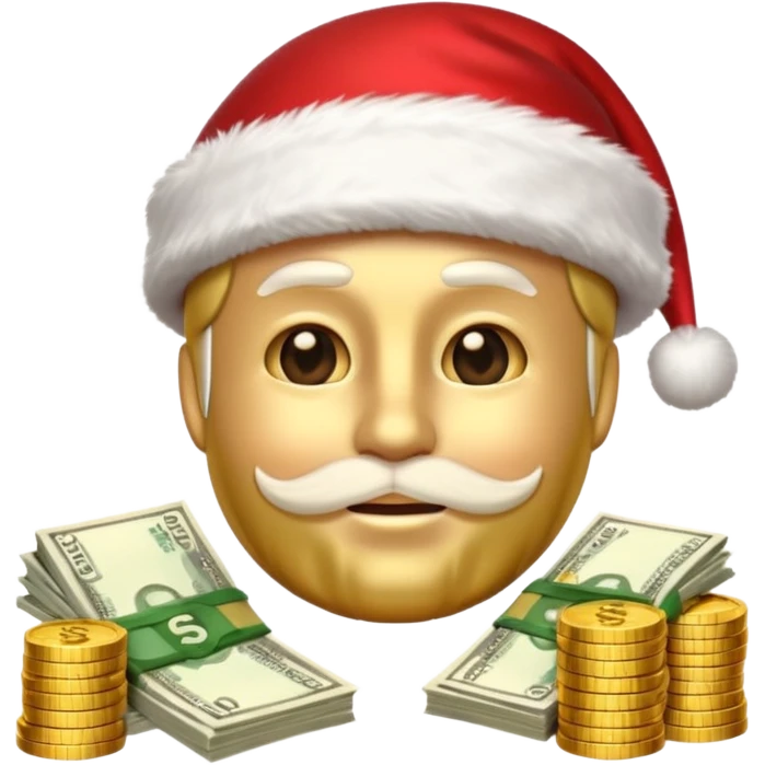A confident rich emoji face wearing a Santa hat, money stacks, casino vibe, New Year theme, premium 3D emoji style, sharp details, no text, isolated on transparent background emoji