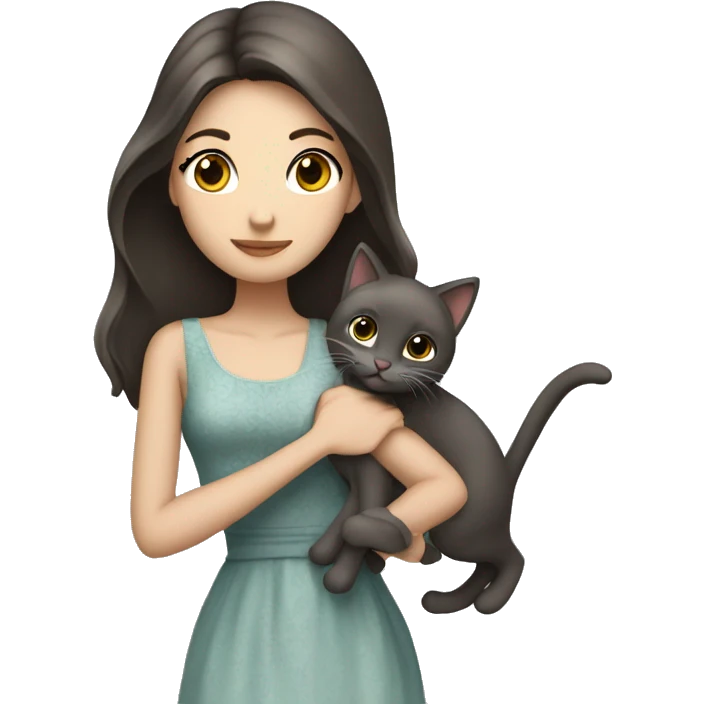 Beautiful skinny woman long dark brown hair in dress hug grey cat emoji