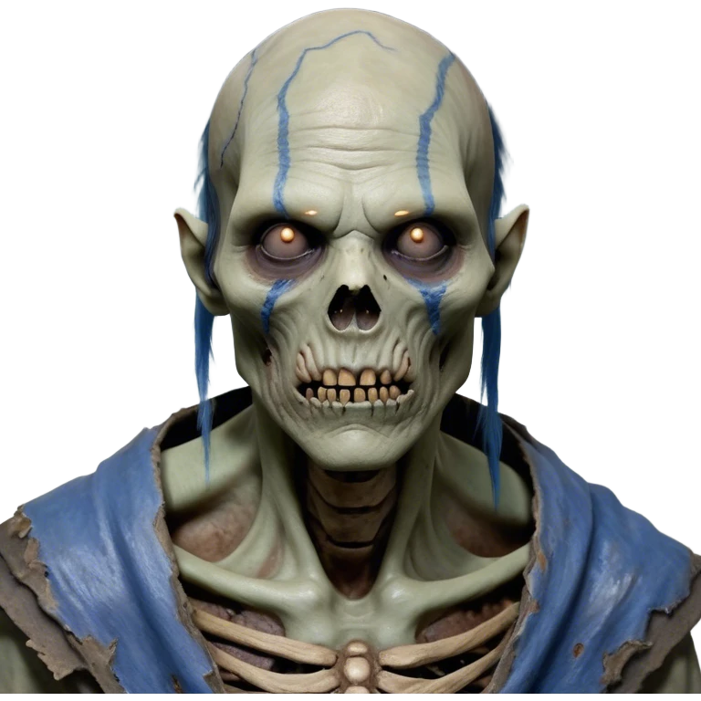 Cinematic Realistic WoW undead friendly zombie Portrait, depicted with decayed yet noble features, his weathered, pallid skin etched with ghostly blue veins and ancient scars. Clad in modest, tattered attire in muted browns and greys that remain consistently rugged, his hollow eyes burn with determined defiance. Rendered with lifelike texture and dramatic natural lighting, high shine, noble and resilient, capturing the stoic spirit of an undead veteran of Azeroth. emoji