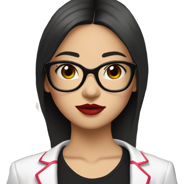 Asian girl, fair skin, black long hair, black eyes, black glasses with gold frames, red lipstick, wearing a white lace tank top and a black office jacket on top, with pink and red roses around her. emoji
