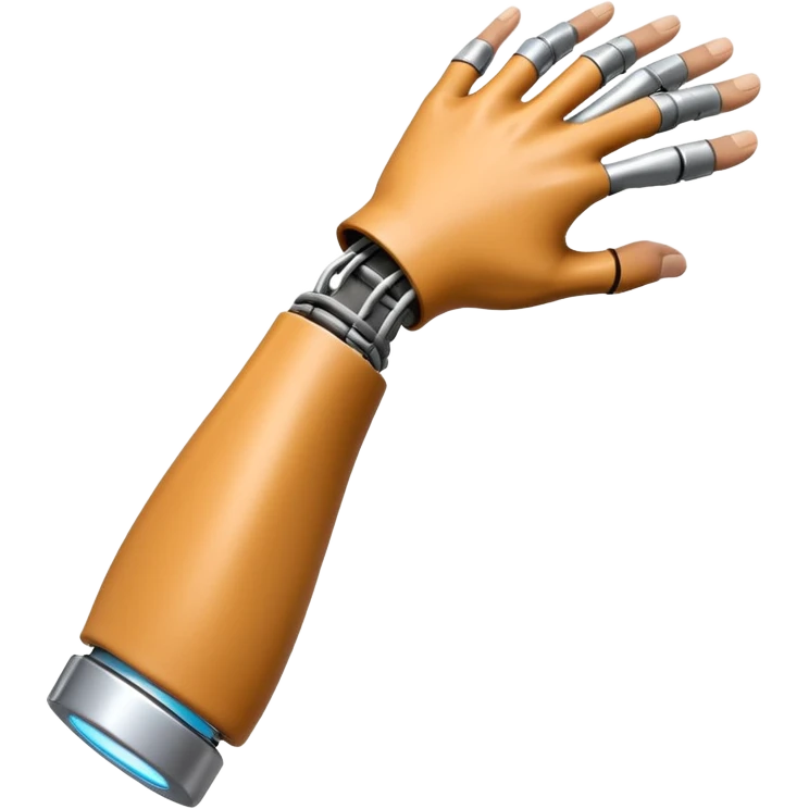 3D render of Bionic Arm, futuristic cyborg aesthetic, fusion of organic skin and chrome metal, polished silver metal arm attached to a tan skin shoulder, exposed wiring, Apple emoji style, isolated on white background --v 6.0. emoji