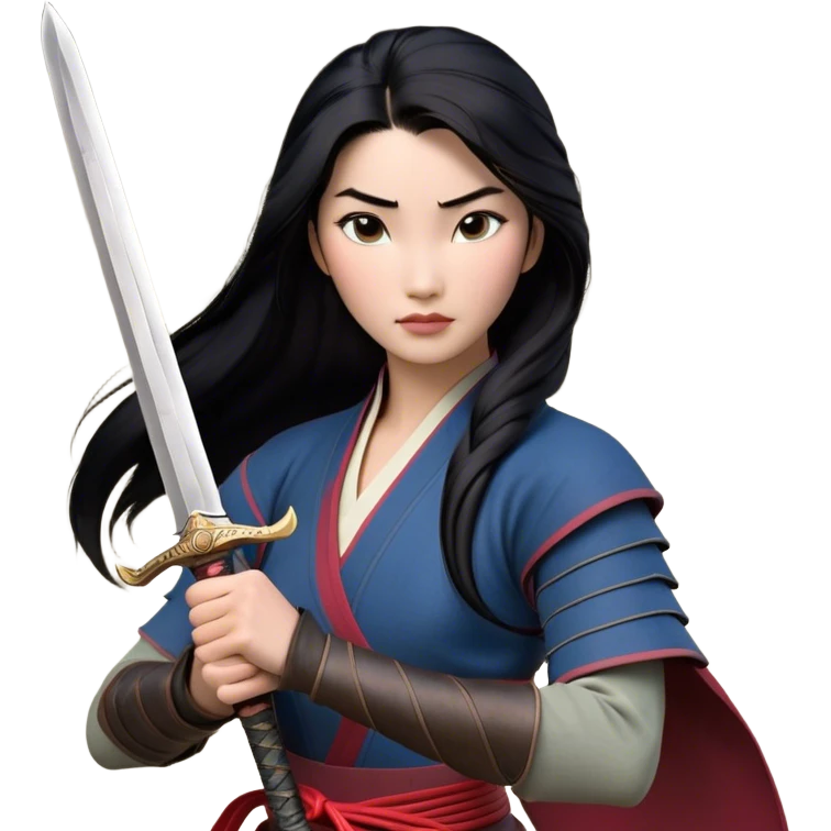 Cinematic Realistic Mulan Portrait, depicted with lifelike skin texture, soft natural lighting, and intricately detailed long black hair styled elegantly. Her deep, expressive eyes exude determination and grace, complemented by a serene yet confident expression. She stands with one hand resting on the hilt of her sword, the other by her side, exuding strength and poise. She is dressed in her classic attire, with rich fabric textures and delicate folds that catch the light beautifully. The portrait features a soft, enchanting glow with a natural, radiant finish, capturing the essence of timeless strength and beauty in a realistic and painterly style, evoking a sense of depth and authenticity. emoji