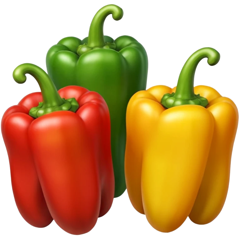 group of three bell peppers red yellow and green plump glossy distinct lobes standing side by side curved stems natural shine soft lighting subtle shadows emoji scale emoji