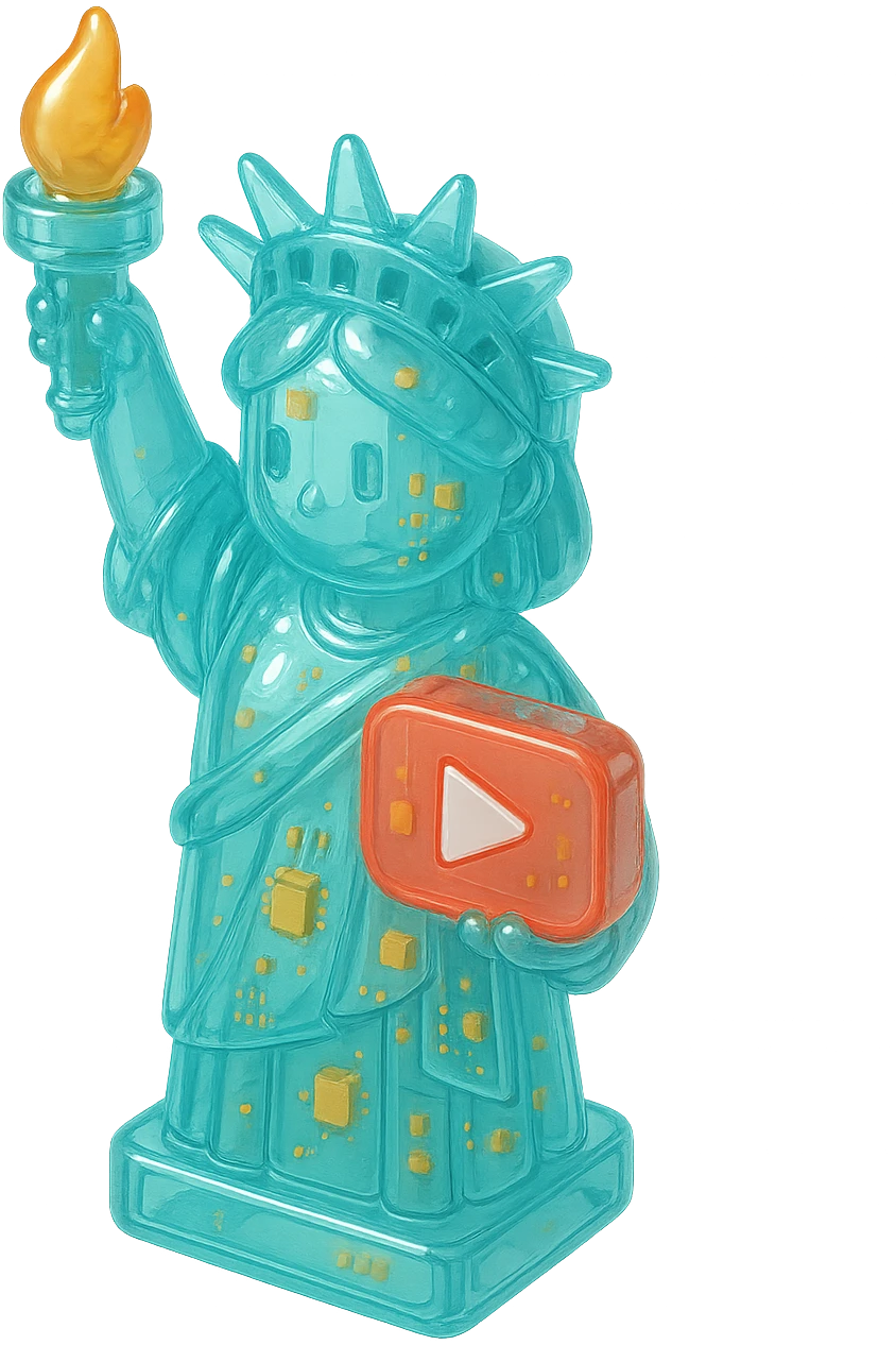 Statue of Liberty with YouTube play button, glossy circuit style emoji