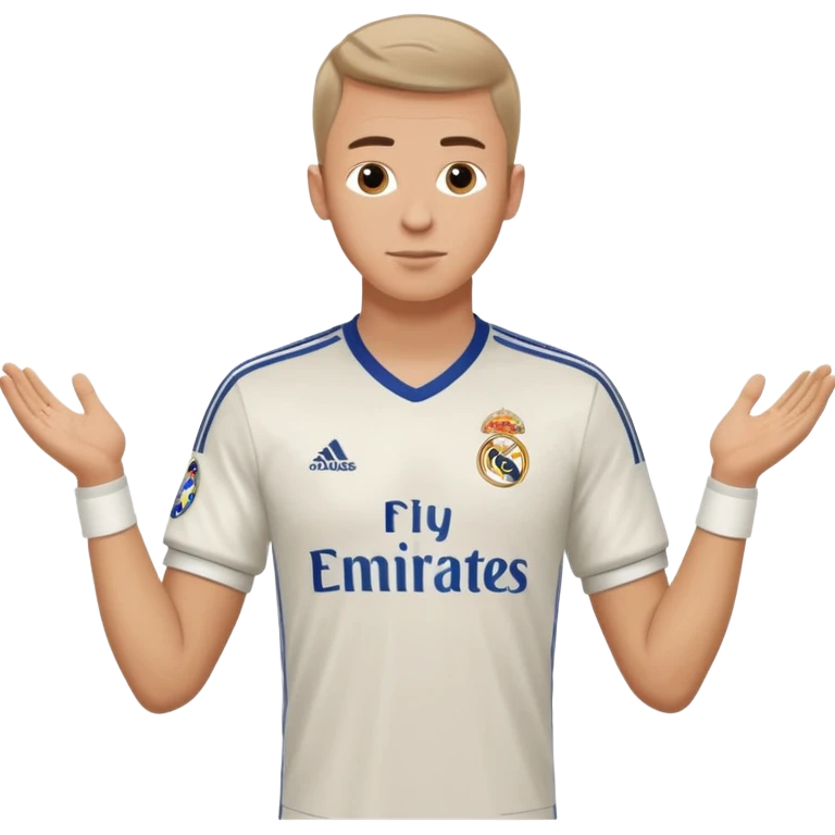 White male wearing Adidas Real Madrid jersey with Champions logo on sleeve and Fly Emirates on chest emoji