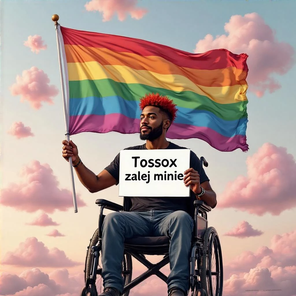 Black man with red hair sitting on wheelchair holding lgbt flag holding text "T0ssox zalej mnie" pink clouds around, pink sky with pink back light emoji