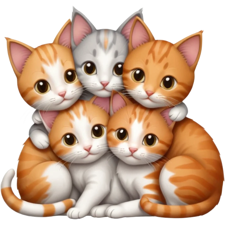 3 kittens cuddling together all different colours, the first one is grey and white, the second is ginger and white and the third is brown tabby and white emoji
