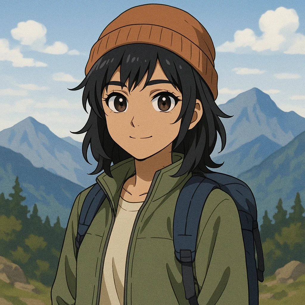 anime style Indian girl, black layered hair, brownish-black eyes, fair face, casual mountain attire, subtle mountain background emoji