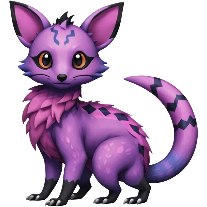 Rare epic aesthetic colorful Salandit-Noibat-Eevee-Civet-species-Fakemon-hybrid-creature, with markings, full body emoji