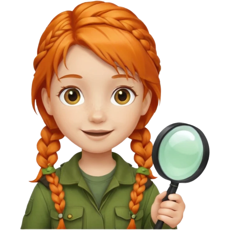 braid orange haired girl kid in moss green explorer outfit, holding magnifying glass, smile emoji