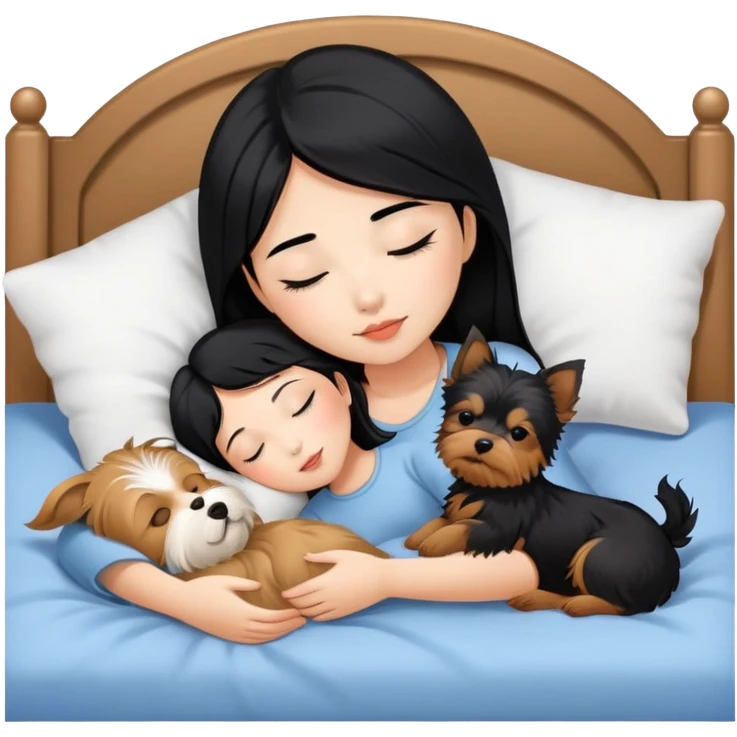 pretty asian girl with black hair sleeping in bed with small yorkshire terrier emoji