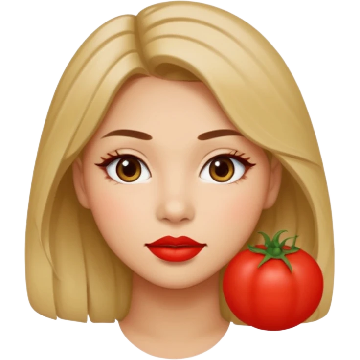 A woman in her 20s with medium hair without bangs, with double eyelids, a round face shape, with a confident look on her face. And her nickname is tomato. emoji