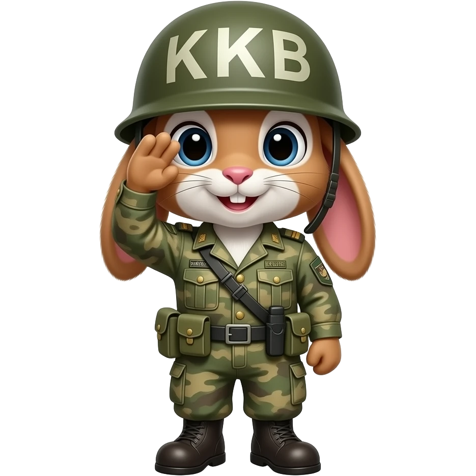 bunny in army fatigues saluting  text K B on helmet emoji