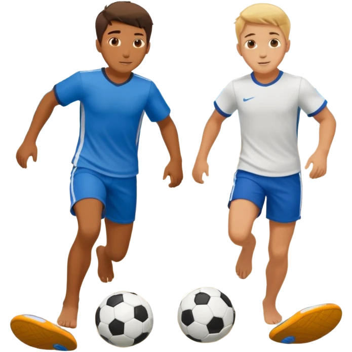 Two boys playing soccer at the beach no shirts. emoji