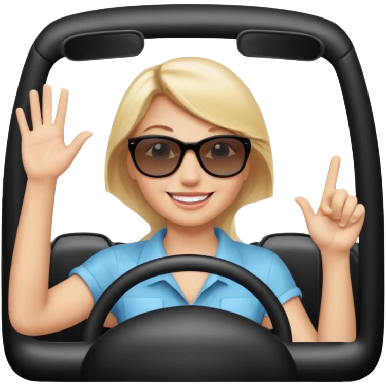 blonde woman driving car. one hand up Happy face confidence emoji