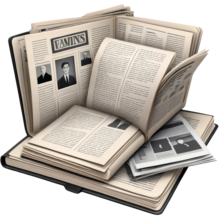 Icon for Non-Fiction & Narrative Reading: an open book with black-and-white photos on the pages, surrounded by a pile of newspaper clippings, and an open folder with top-secret documents. The icon should reflect the blend of real stories and facts in non-fiction literature. Transparent background. emoji