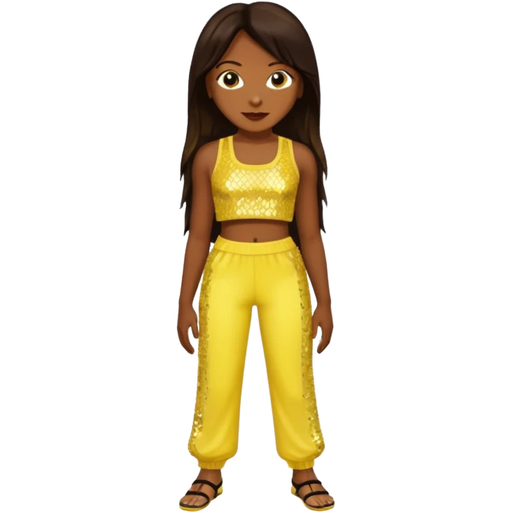 Chilli from TLC with long dark brown hair, yellow sequin crop top and pants, dark skin  emoji