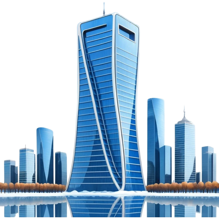 Apple style 3D emoji of the Evolution Tower from Moscow City.
Twisted skyscraper made of blue reflective glass, realistic reflections, light snow on the edges. Glossy 3D icon, smooth shading, high quality, isolated on a white background. emoji
