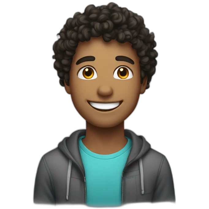 of a young man with a bright smile, showcasing his teeth, with fair skin and short, extremely curly dark hair. emoji
