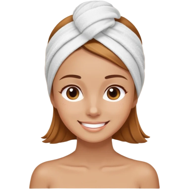 girl with light brown hair, facial towel on head, smiling at a spa emoji