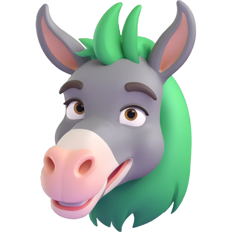 donkey with green hair making a curious face emoji